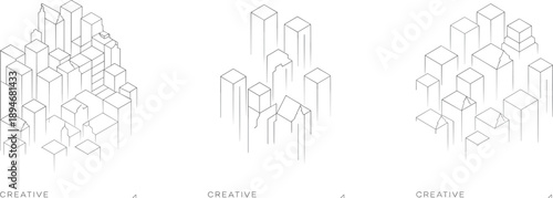 Abstract isometric line of minimalist cityscapes or architectural structures with a clean, modern, and geometric aesthetic concepts