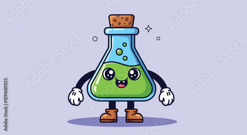 Cute Cartoon Erlenmeyer Flask with Green Liquid.