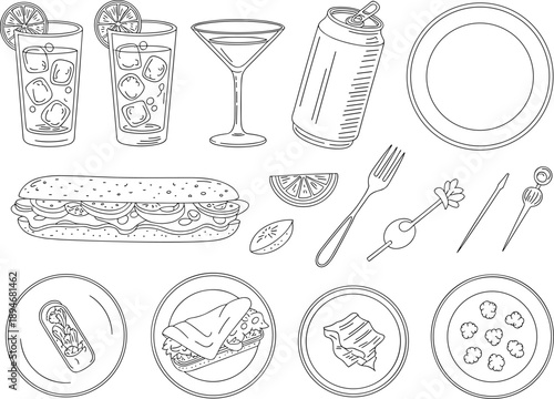 Delicious hand-drawn food and drinks assortment featuring sandwiches, beverages, and appetizers in a restaurant or cafe setting tasty culinary collection for menu design and food blog illustrations go