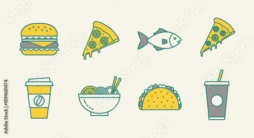 A colorful illustration of various food items and drinks on a plain background
