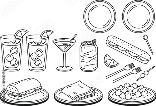Outline drawing of assorted food and beverage items for menu design restaurant advertising cafe promotion editable vector graphic illustration of plates sandwiches cocktails salads and soda can for ca