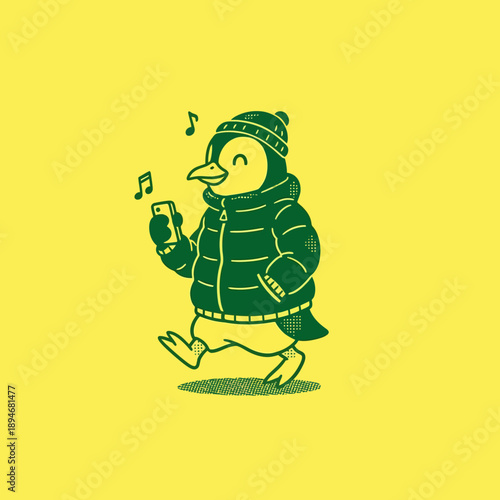 Cute penguin wearing winter clothes listening to music on phone.