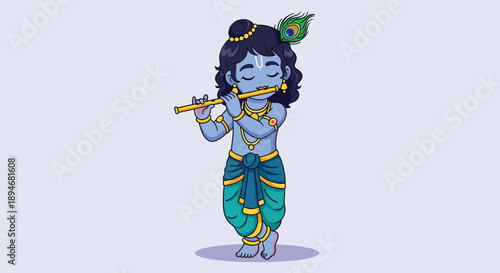 Cute Cartoon Lord Krishna Playing Flute Illustration.