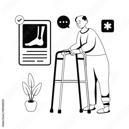Glyph illustration of elderly man using walker for medical rehabilitation