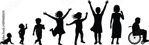 Diverse human life stages and abilities represented by black silhouettes on a white background showing growth and inclusivity