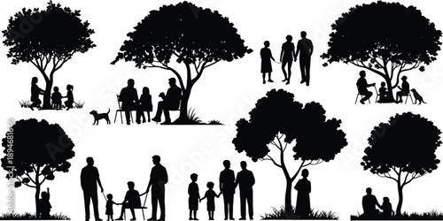 Assortment of black silhouette scenes featuring families and children interacting under trees in outdoor park settings