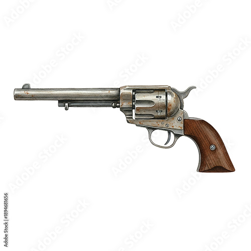 Vintage old western revolver handgun illustration with realistic wooden grip and rusty metal parts