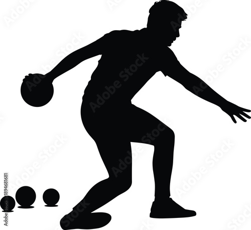 Energetic black silhouette of a male athlete releasing a ball with a powerful, sweeping motion, showcasing athletic skill and dedication on a white background