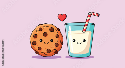 Cute Chocolate Chip Cookie and Milk Cartoon Character.