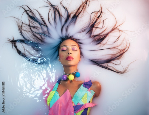 Surreal Fashion Portrait of Woman Floating in Milk Bath with Pastel Colors