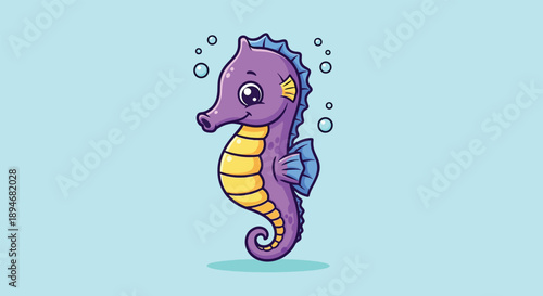 Cute Purple Seahorse Swimming Underwater with Bubbles.