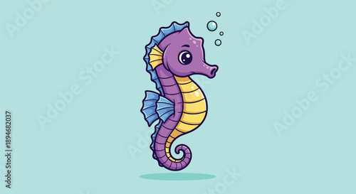 Cute Purple Seahorse Illustration with Bubbles.