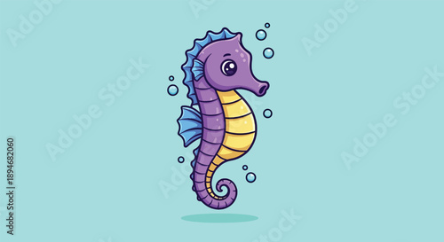 Cute purple and yellow seahorse swimming underwater.