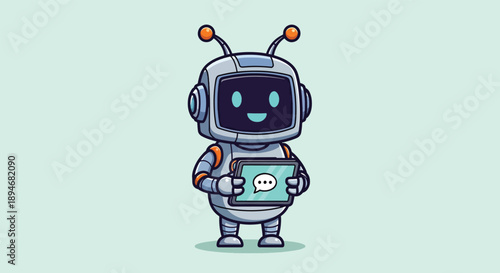 Cute robot character holding a tablet with a chat bubble icon.