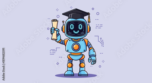 Cute Robot Graduate with Diploma and Graduation Cap.