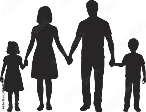 Silhouette of a traditional nuclear family holding hands with parents and two children standing together on a white background