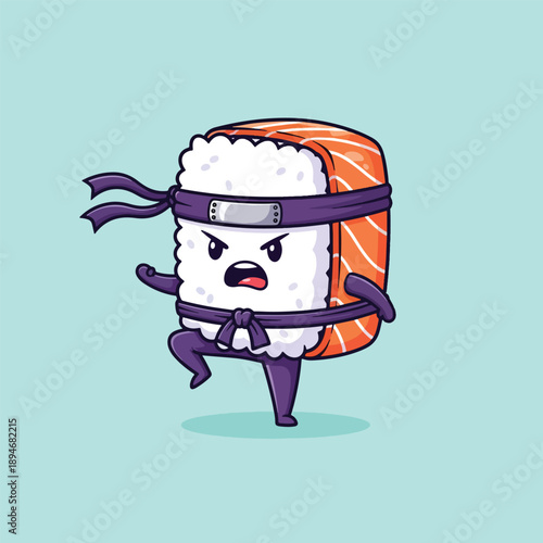 Cute Salmon Nigiri Sushi Character as a Fierce Ninja Warrior.