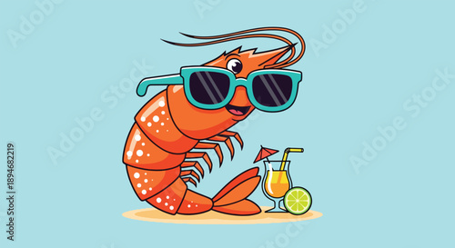 Cute Shrimp Wearing Sunglasses and Enjoying a Tropical Drink on the Beach.