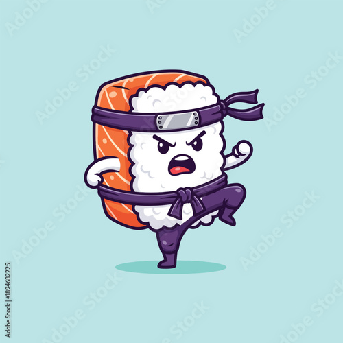 Cute Salmon Nigiri Sushi Character Doing Martial Arts.