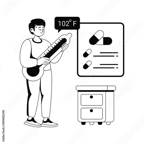 A man holding thermometer with high temperature for fever diagnosis, concept glyph illustration