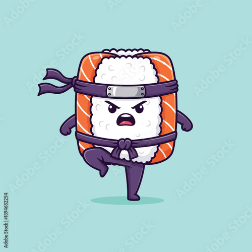 Cute Sushi Ninja Character in Martial Arts Pose.
