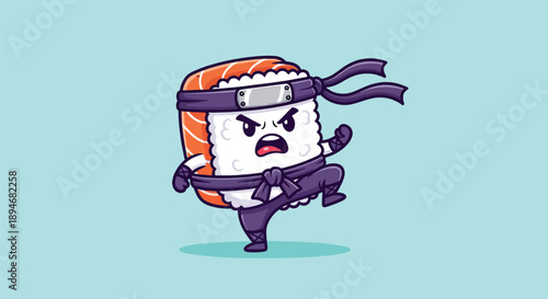 Cute Sushi Ninja Cartoon Vector Illustration.