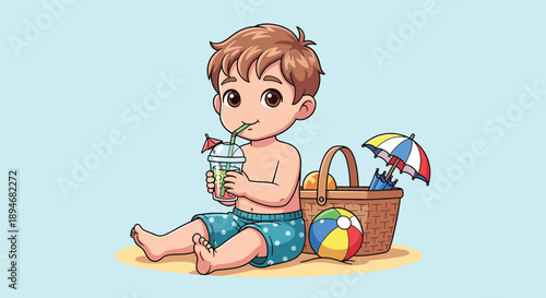 Cute Toddler Boy Enjoying a Refreshing Drink at the Beach.