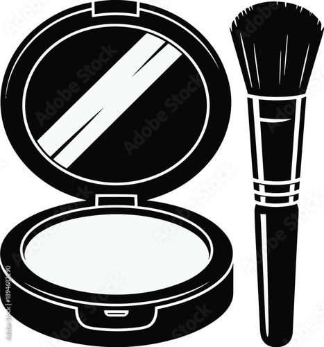 Elegant black and white makeup powder compact with mirror and brush for beauty enhancements applying cosmetic products to face personal care routine fashion accessory for glamour lifestyle beauty blog