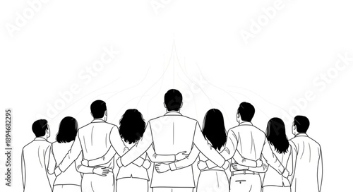 Diverse group of people standing together looking forward.