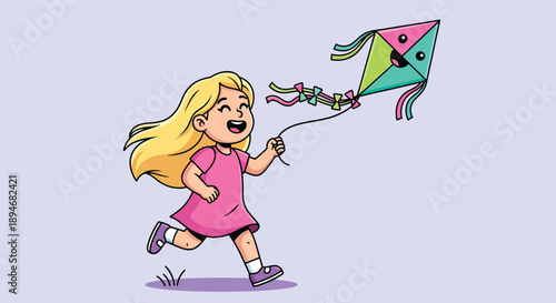 Happy little girl flying a colorful kite outdoors.