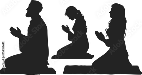 Silhouette of three individuals kneeling in prayer with hands clasped together in a gesture of devotion and reverence against a white background