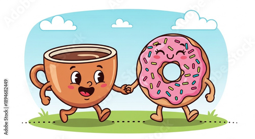 Cute coffee and donut holding hands