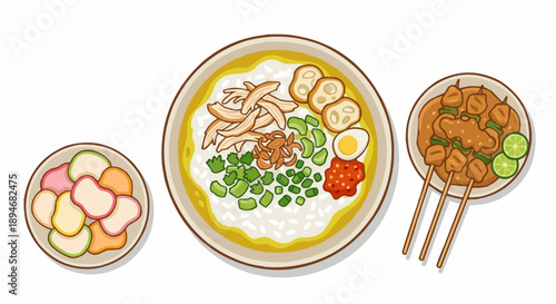 Indonesian Traditional Breakfast Bubur Ayam Chicken Porridge Top View Vector Illustration