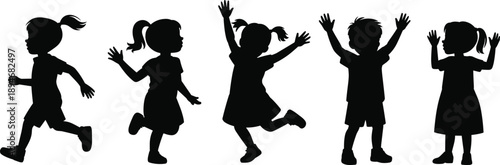Silhouettes of five diverse children in various playful poses jumping and running in a black and white