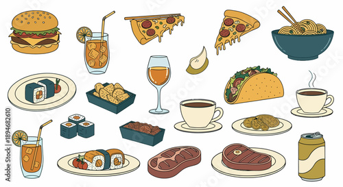 A colorful illustration of various food and drink items arranged on a white background