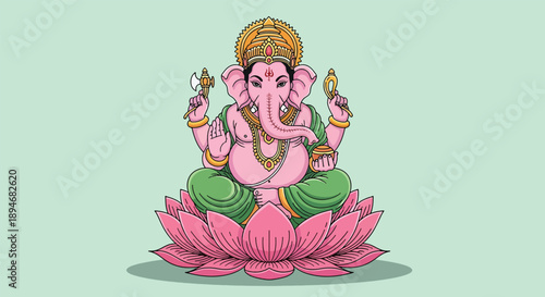 Lord Ganesha sitting on a lotus flower Hindu deity illustration.
