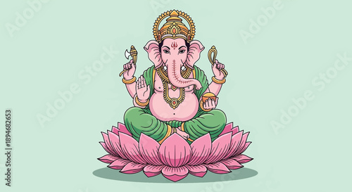 Lord Ganesha sitting on a lotus flower Hindu deity elephantheaded god remover of obstacles wisdom and prosperity.