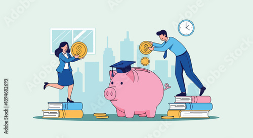 Students saving money for education with piggy bank.