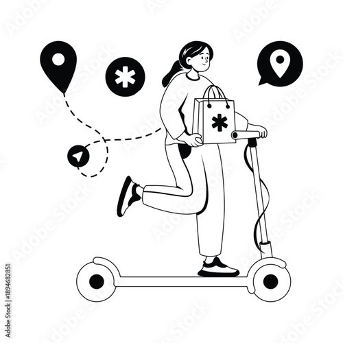 Illustration of woman delivering medicines via scooter, ready to use glyph vector