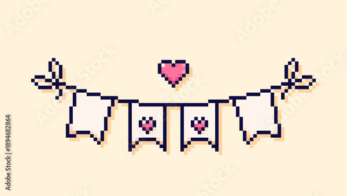Pixel art white party bunting with pink hearts.