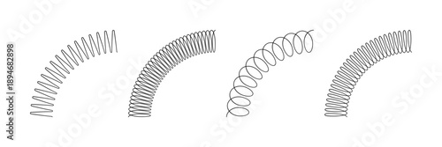 Spiral spring set. Metal wire coil spring icon collection. Thin zigzag round corner symbol. Flexible coil shapes. Loop line pattern. Vector illustration isolated on white background. 