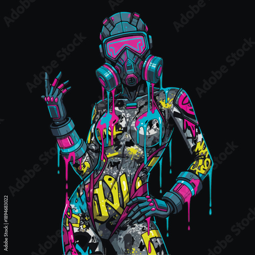 Futuristic female character wearing a high-tech gas mask and tactical bodysuit. Vibrant neon pink and cyan graffiti paint drips over a gritty texture. Cyberpunk street art style on black.