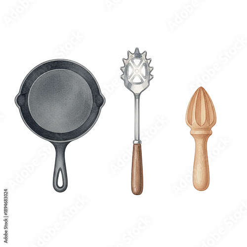 A watercolor illustration of common kitchen cooking tools featuring a cast iron pan a pasta server and a wooden citrus reamer