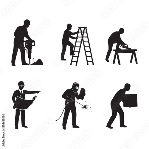 Collection of black silhouettes of construction workers. Icons featuring a welder, carpenter, engineer with blueprints, and laborers using tools. Professional industrial vector set.