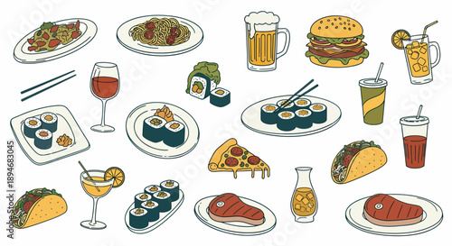 A colorful illustration of various food and drinks from around the world