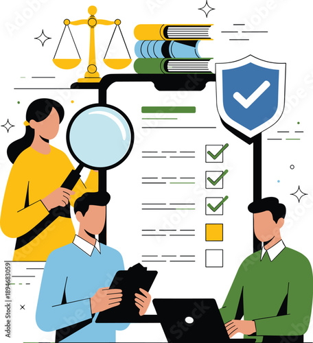 Legal compliance and regulation team reviewing documentation with magnifying glass and scales of justice illustration for law firm corporate governance risk assessment audit and regulatory compliance
