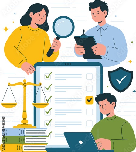 Legal compliance checklist review process with cartoon people using magnifying glass tablet laptop for regulations audit and quality control in business law and finance for corporate governance and ri