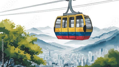 Vibrant cable car ascends over misty cityscape watercolor illustration showcasing Colombian flag colors travel destination scenic aerial tramway adventure tourism transportation system with mountains