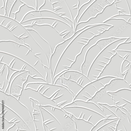 3D embossed white tropical seamless pattern. Elegant plaster relief line art large exotic banana leaves. Beautiful botanical wall texture for modern interior design and decor. Endless emboss texture.