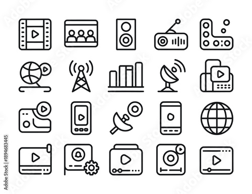 Set of black and white vector icons representing multimedia and communication tools for a variety of digital media devices